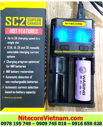 Nitecore SC2 (Bộ sạc Nitecore SC2 kèm sẳn 01 pin SẠC WASING 26650 5000mAh lithium 3.7v) chính hãng